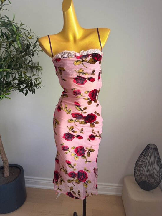 Dresses & Skirts - NWT Pink Mesh Velvet Rose Floral Bodycon Midi Dress XS